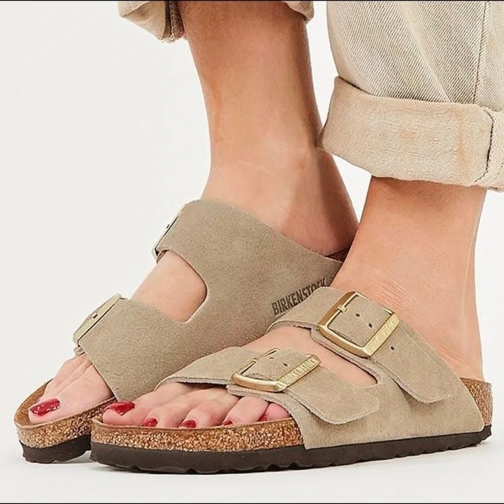NEW BIRKENSTOCK Arizona Soft Slide Sandal Taupe Suede Size 37 EU 6 - 6.5… narrow